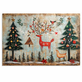Rustic Christmas Folk Art with Red Reindeer, Holiday Trees, Birds, Ornaments, and Nature Accents in a Woodland Winter Scene on Ready to Hang 1.5" Thick Canvas Wrap, Floating Framed Canvas, Flat Rolled Canvas